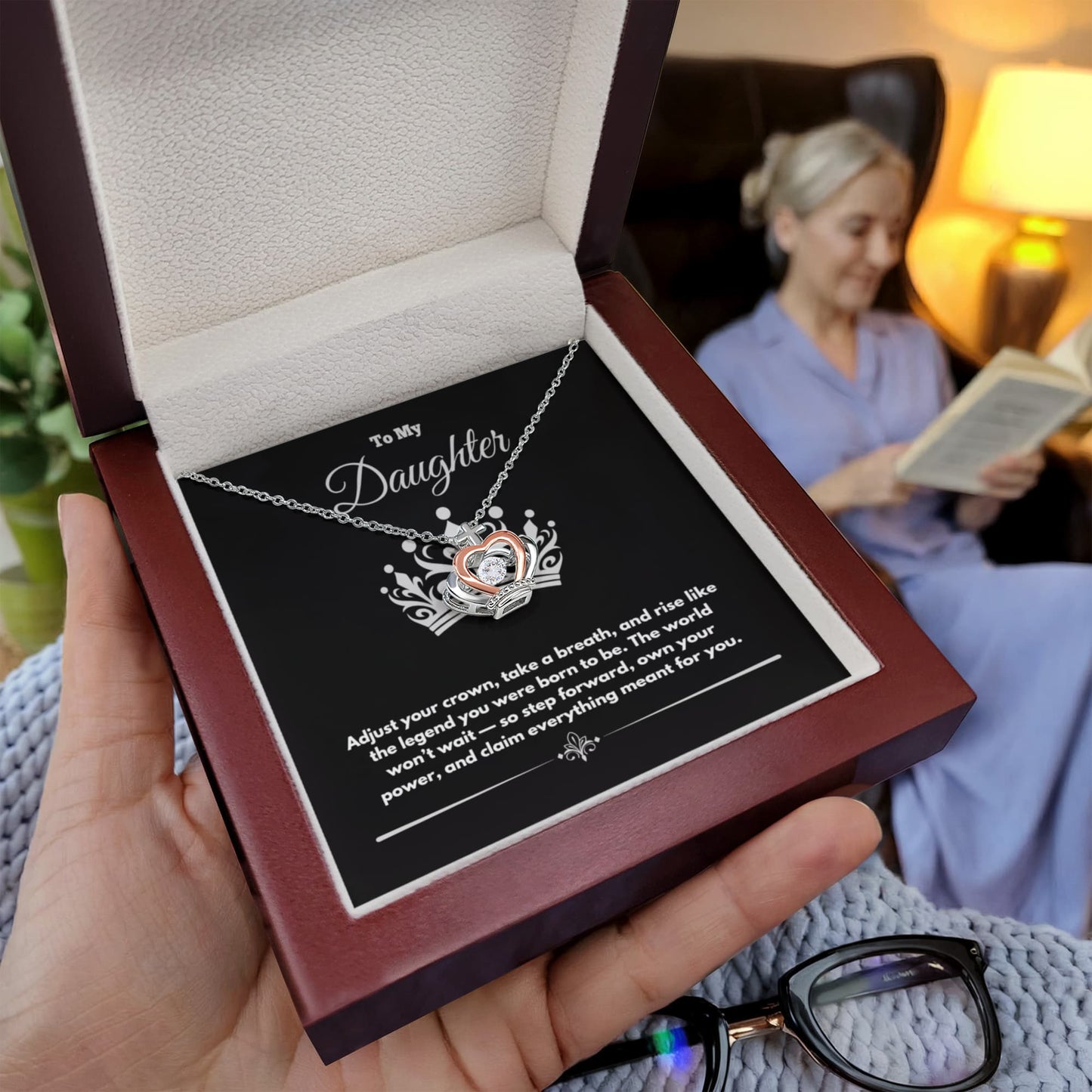 To My Daughter” Crown Pendant Necklace – Silver & Rose Gold with LED Gift Box & Inspirational Message Card