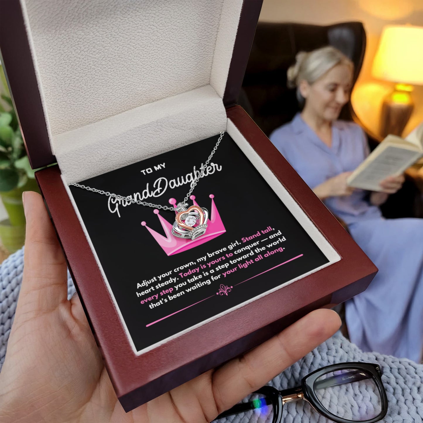 Crown Pendant Necklace for Granddaughter – Silver & Rose Gold with Inspiring Message Card in Luxury LED Gift Box