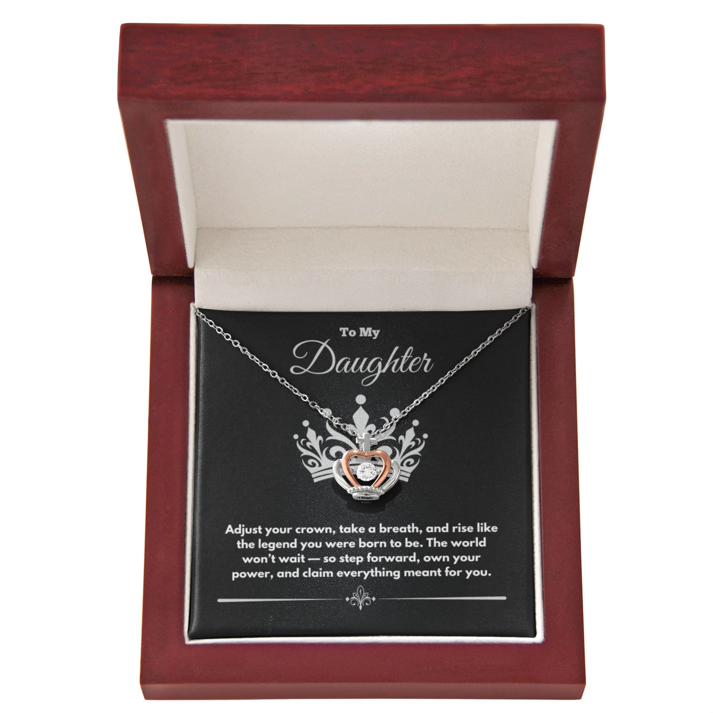 To My Daughter” Crown Pendant Necklace – Silver & Rose Gold with LED Gift Box & Inspirational Message Card