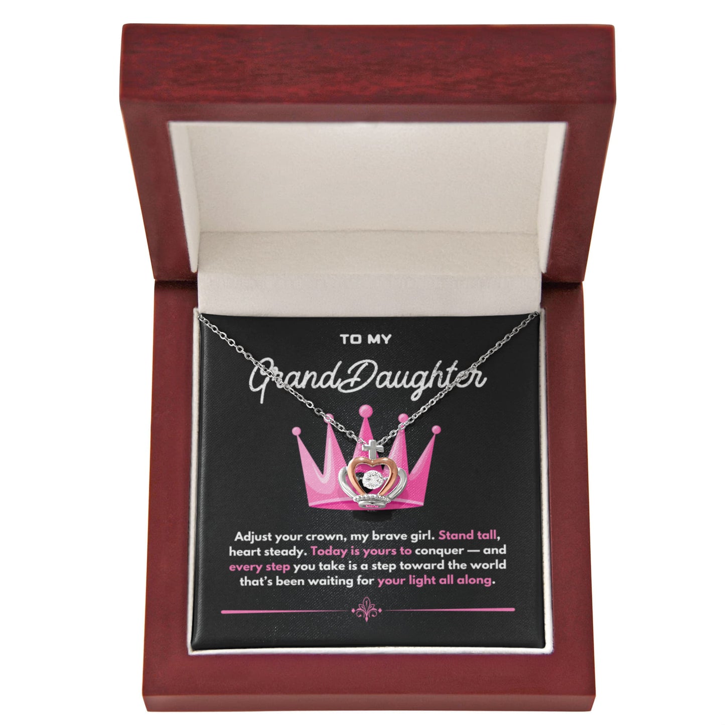 Crown Pendant Necklace for Granddaughter – Silver & Rose Gold with Inspiring Message Card in Luxury LED Gift Box