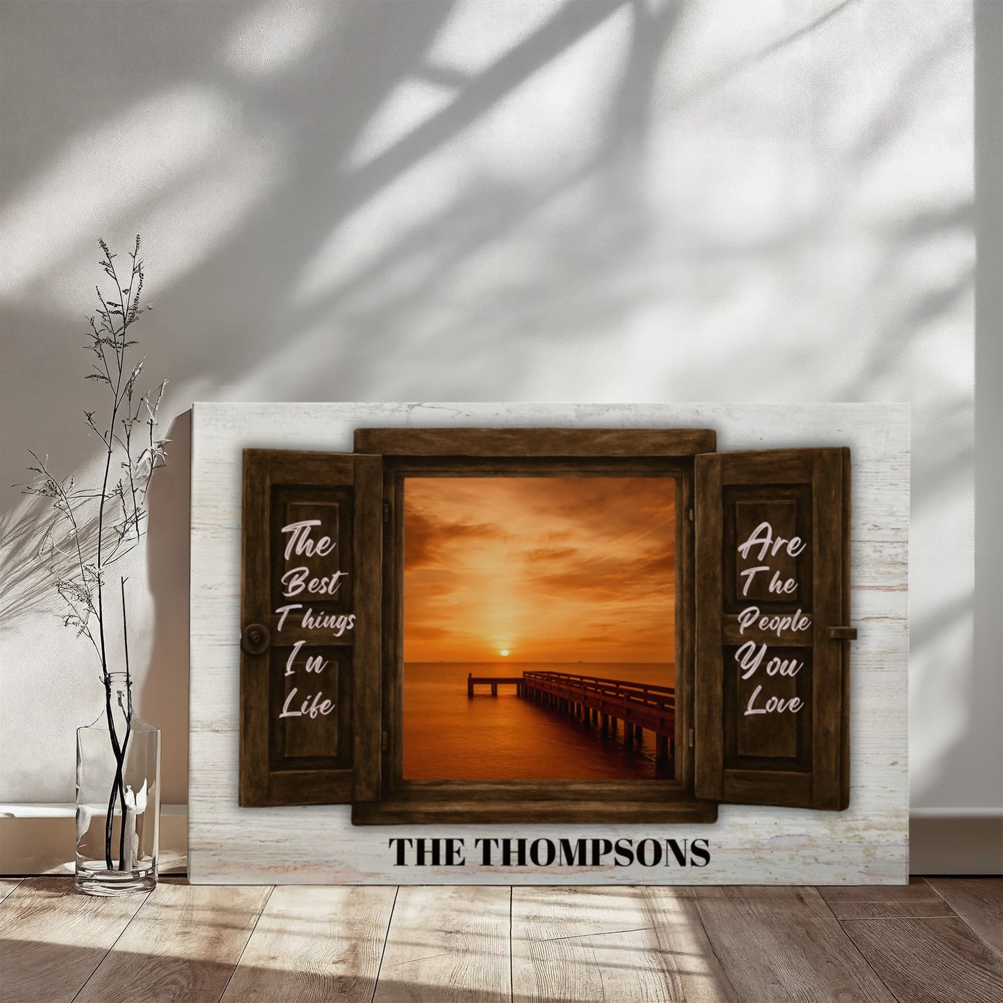 Custom Family Name Canvas – “The Best Things In Life” Window Sunset Wall Art