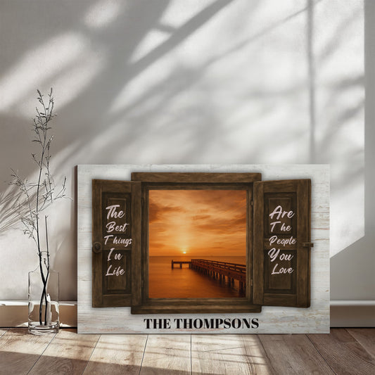 Custom Family Name Canvas – “The Best Things In Life” Window Sunset Wall Art