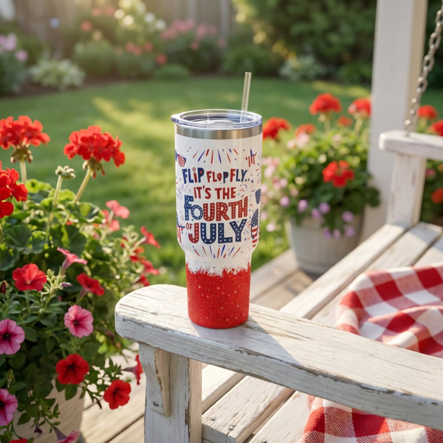 Flip Flop Fly It's the Fourth of July" Tumbler – 4th of July 40oz Tumbler | America 250 Independence Day Gift | Patriotic Glitter Tumbler | Red White & Blue Drinkware