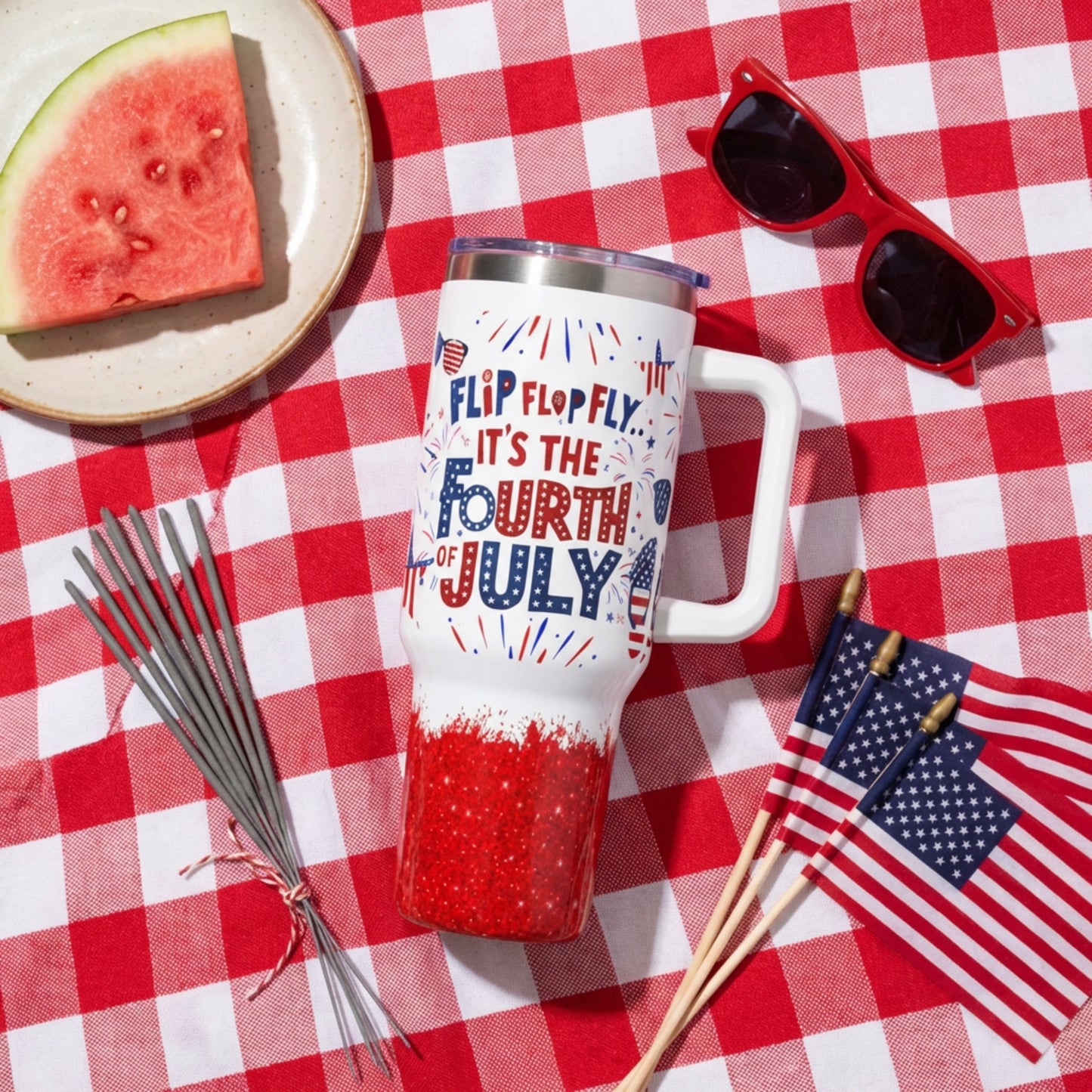 Flip Flop Fly It's the Fourth of July" Tumbler – 4th of July 40oz Tumbler | America 250 Independence Day Gift | Patriotic Glitter Tumbler | Red White & Blue Drinkware