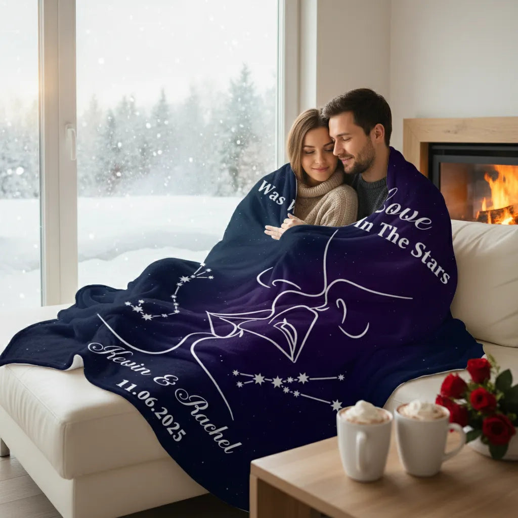 Personalized Valentine Star Blanket – Our Love Was Written in the Stars Coral Fleece Blanket, Custom Names & Date