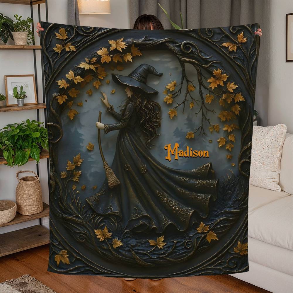 Personalized Autumn Halloween Witch Jersey Fleece Blanket – Custom Name