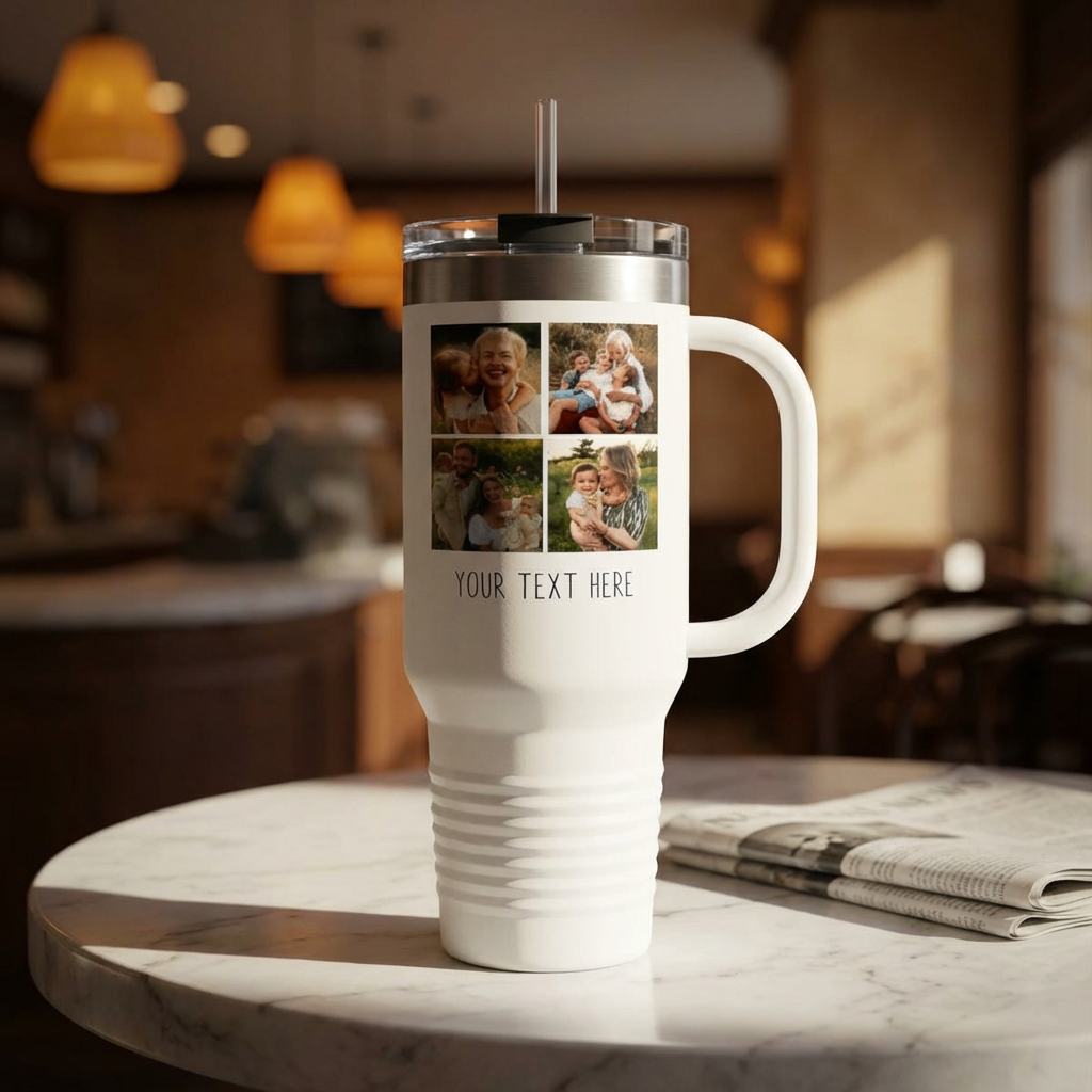 Personalized Photo Tumbler – Custom 4-Photo Collage with Text | Wedding, Mother's Day, Girls Trip, Birthday Gift | 40oz Insulated Tumbler with Handle