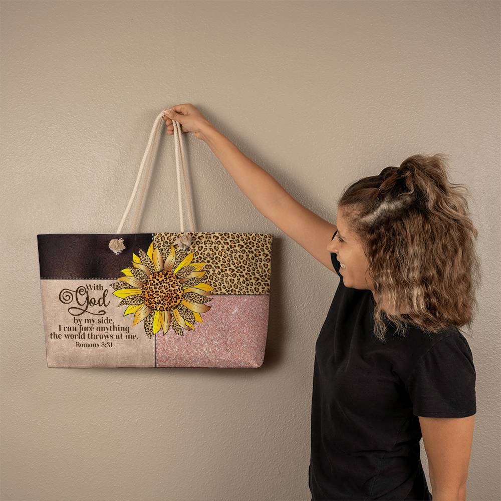 Faith & Fierce Weekender Tote Bag – Leopard Print Christian Travel Bag with Sunflower and Bible Verse
