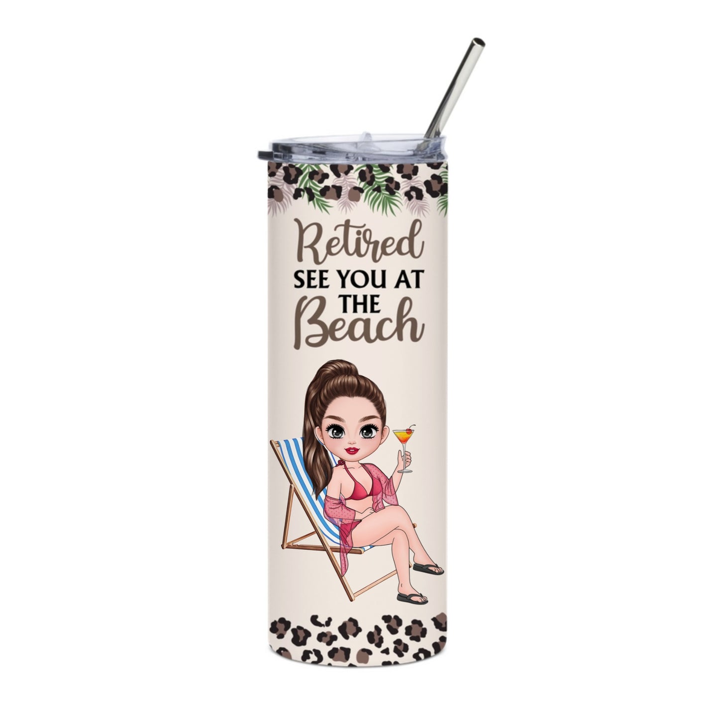 Personalized "Retired See You at the Beach" 20oz Skinny Tumbler with Custom Character – Fun Retirement Gift for Women !