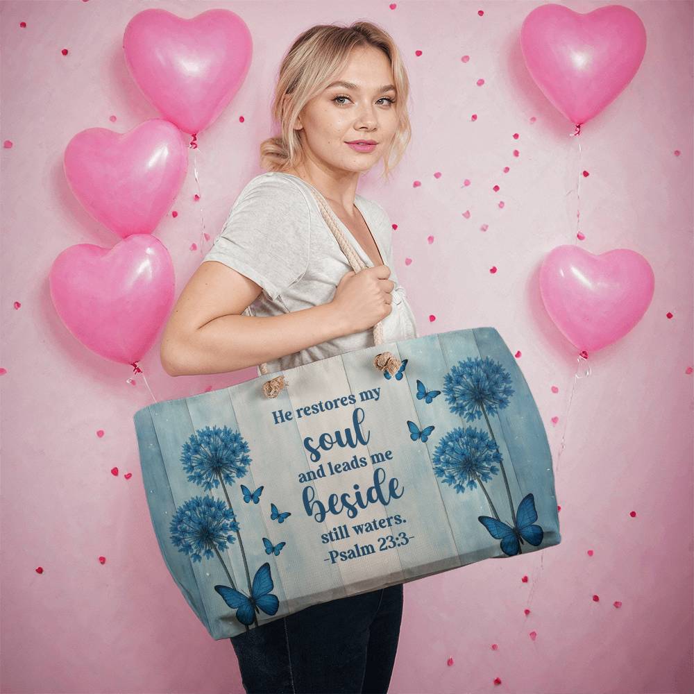 Blue Faith Weekender Tote – Psalm 23:3 Christian Bag