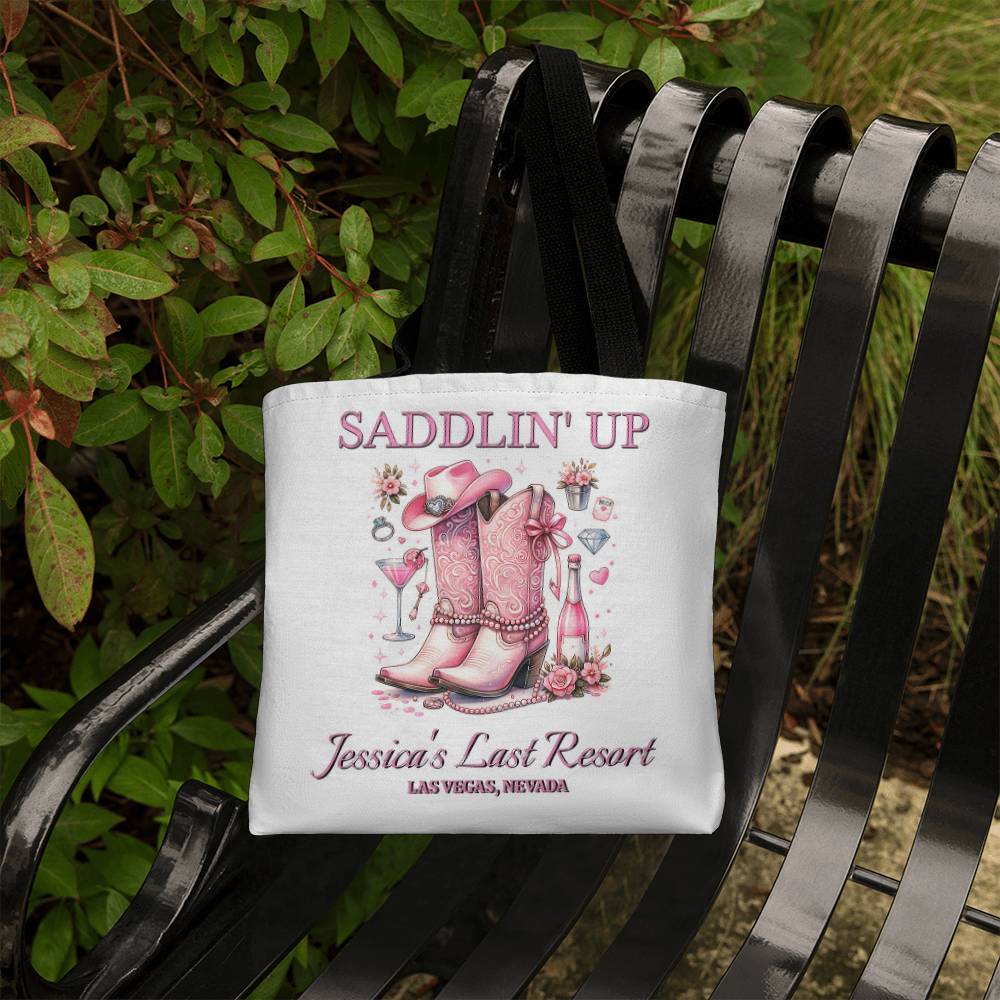 Saddlin’ Up Bachelorette Tote – Custom Bride Name & Party Location Tote Bag