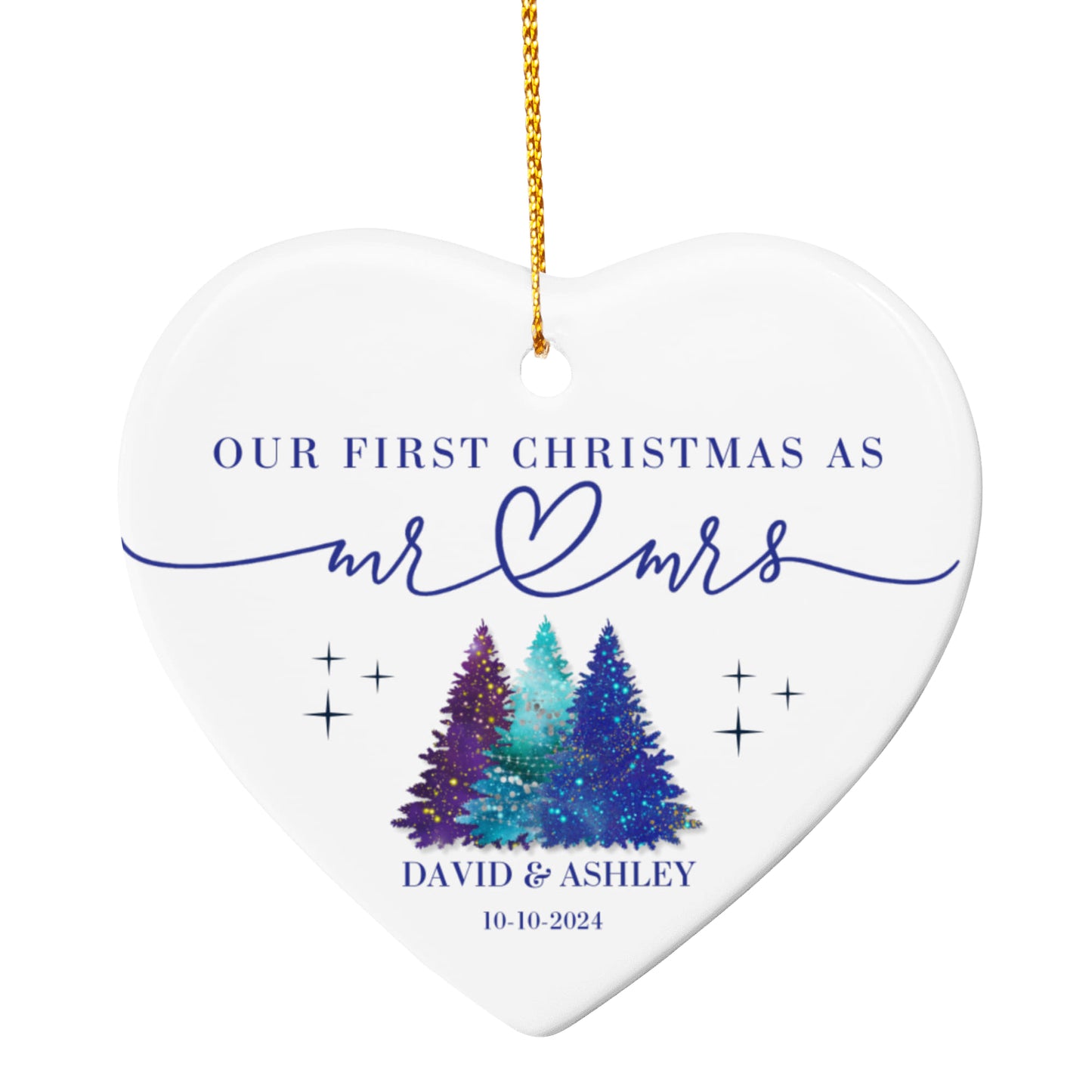 Personalized Our First Christmas as Mr & Mrs Ornament – Custom Heart-Shaped Newlywed Keepsake with Names & Date