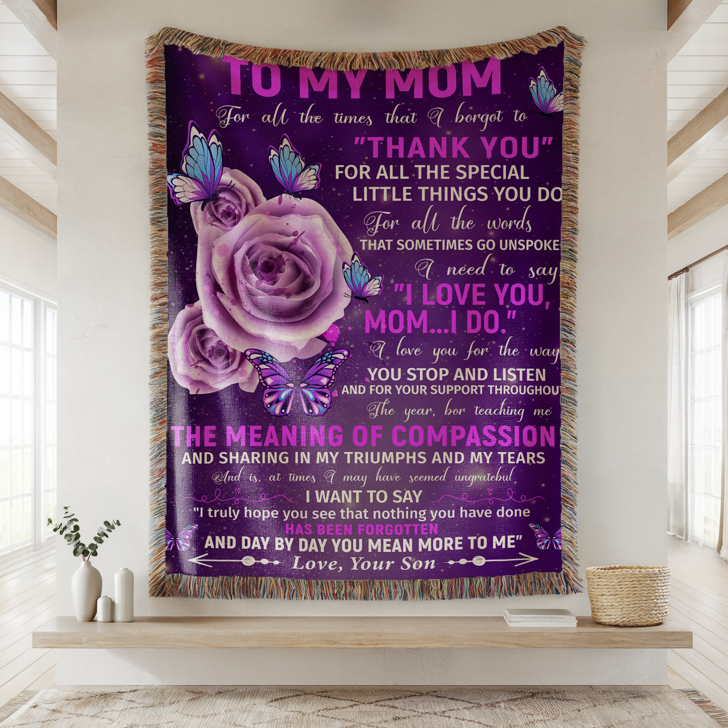 To My Mom – Purple Butterfly Woven Blanket from Son Gift