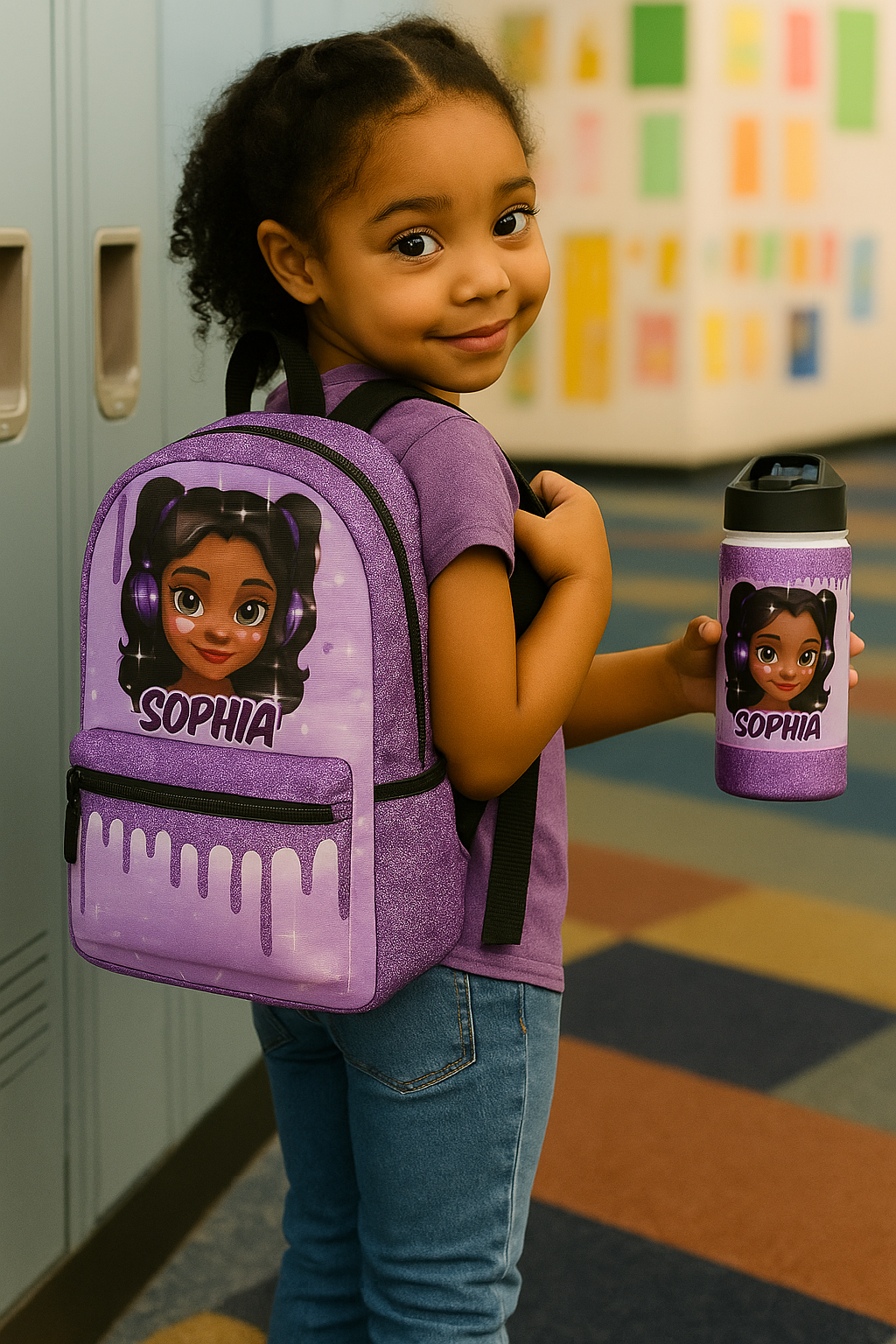 Custom Girl Backpack – Choose Character & Add Name | Glitter Drip Design