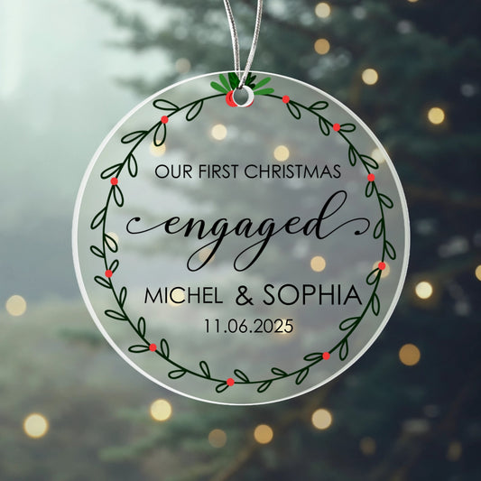 Our First Christmas Engaged Personalized Acrylic Ornament 2025 – Custom Engagement Gift, Couple Christmas Keepsake
