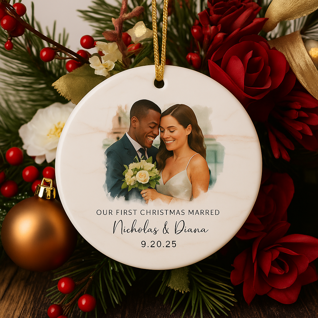 Personalized Wedding Ornament – Custom Photo & Wedding Date Calendar Keepsake – Our First Christmas Married Gift