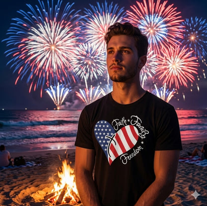 Faith Family Freedom T-Shirt – Patriotic American Flag Heart Graphic Tee