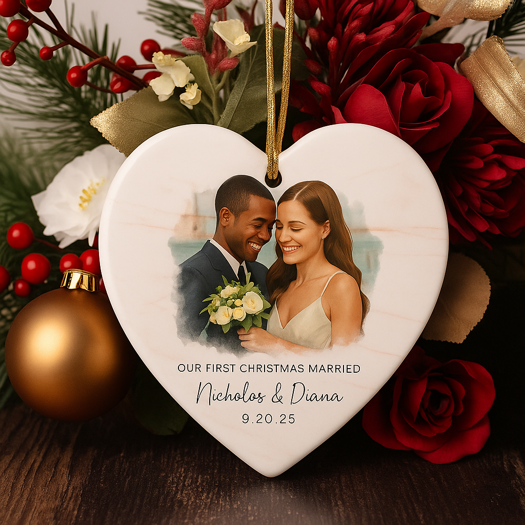 Personalized Wedding Ornament – Custom Photo & Wedding Date Calendar Keepsake – Our First Christmas Married Gift