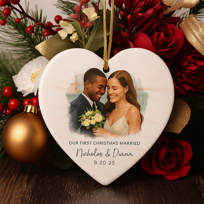 Personalized Wedding Ornament – Custom Photo & Wedding Date Calendar Keepsake – Our First Christmas Married Gift