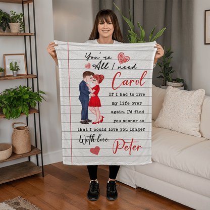 Personalized Coral Fleece Blanket with Names & Couple Clipart | “You’re All I Need” Romantic Custom Blanket Gift for Couples For Valentine