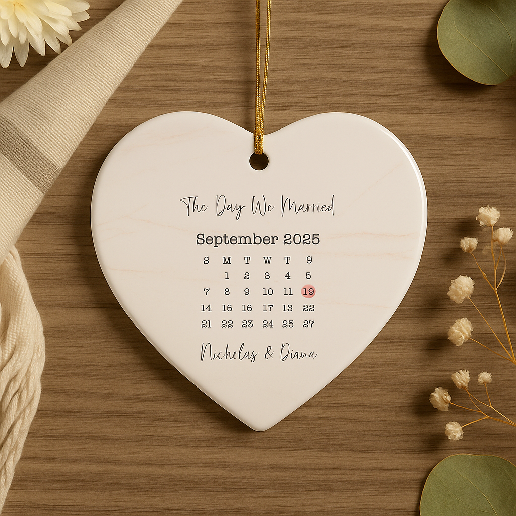 Personalized Wedding Ornament – Custom Photo & Wedding Date Calendar Keepsake – Our First Christmas Married Gift