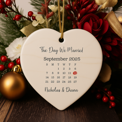 Personalized Wedding Ornament – Custom Photo & Wedding Date Calendar Keepsake – Our First Christmas Married Gift