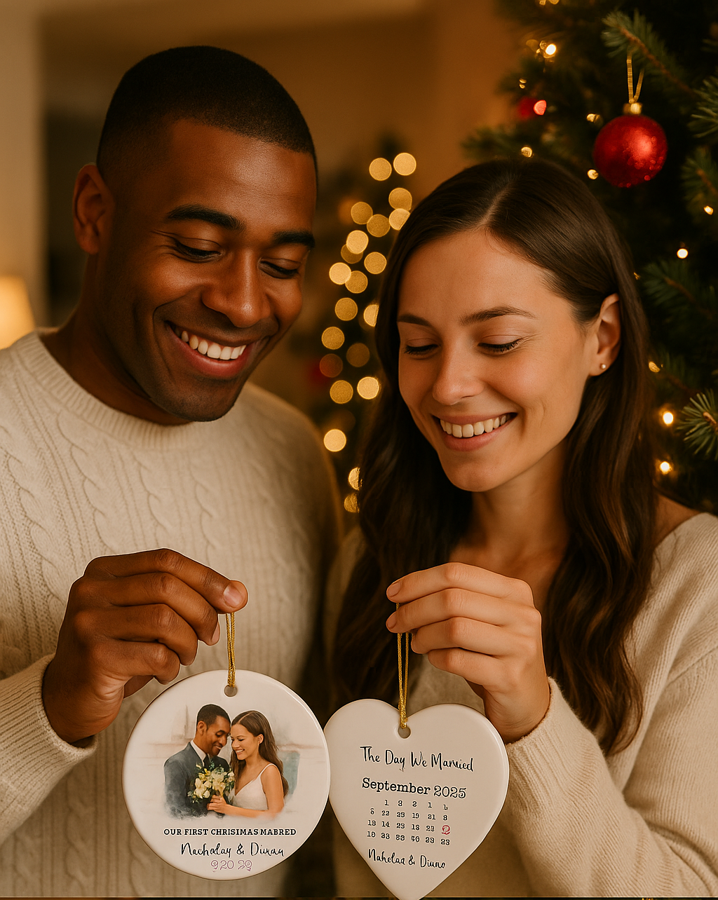 Personalized Wedding Ornament – Custom Photo & Wedding Date Calendar Keepsake – Our First Christmas Married Gift