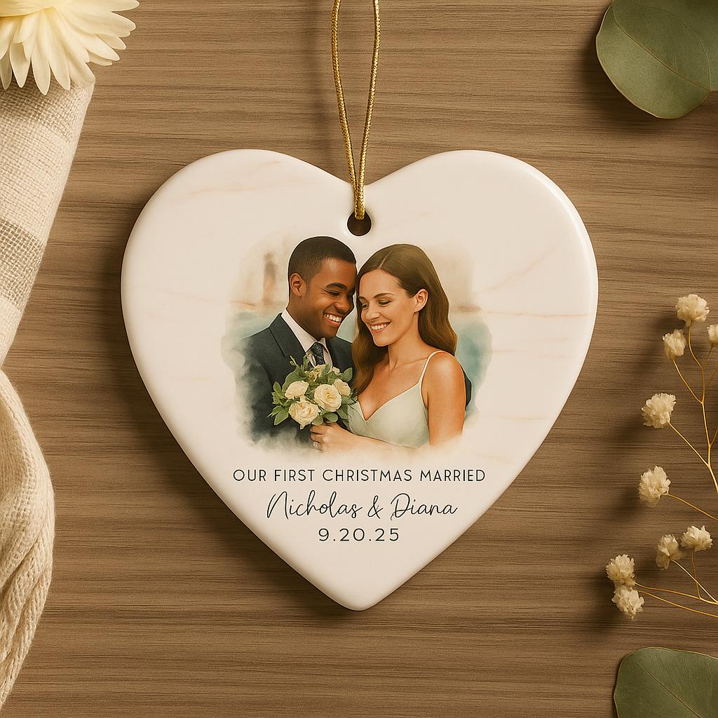 Personalized Wedding Ornament – Custom Photo & Wedding Date Calendar Keepsake – Our First Christmas Married Gift