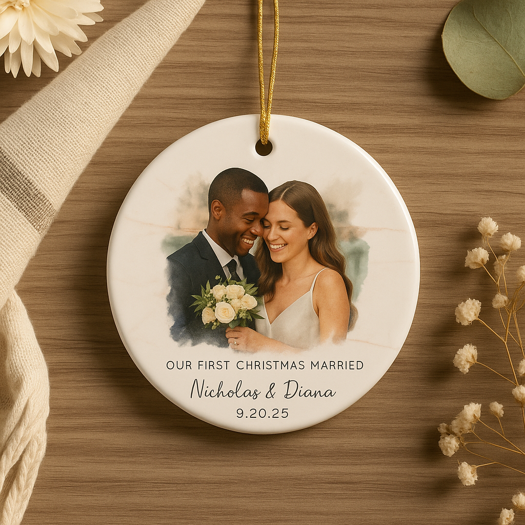 Personalized Wedding Ornament – Custom Photo & Wedding Date Calendar Keepsake – Our First Christmas Married Gift