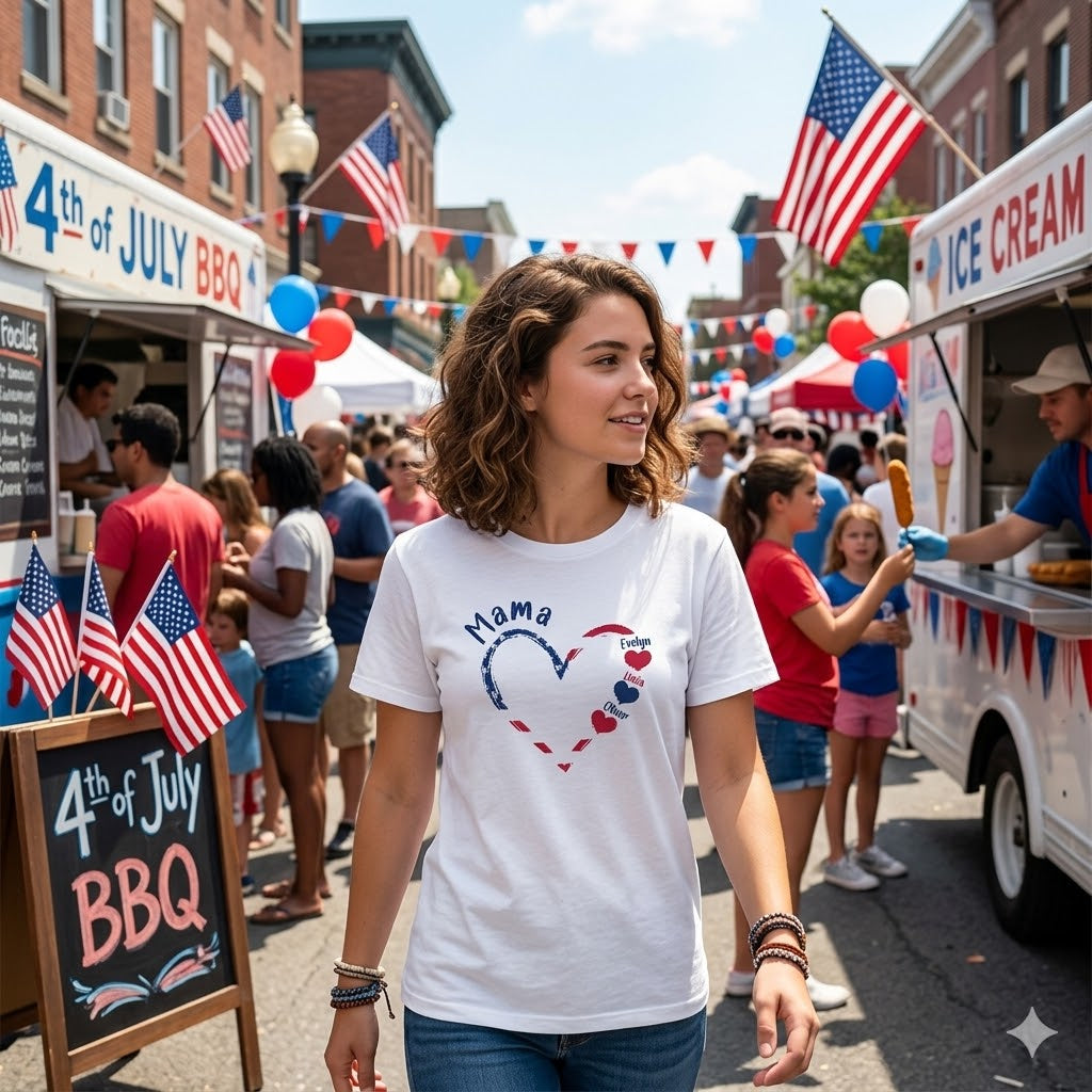 personalized mama patriotic shirt with kids names heart design