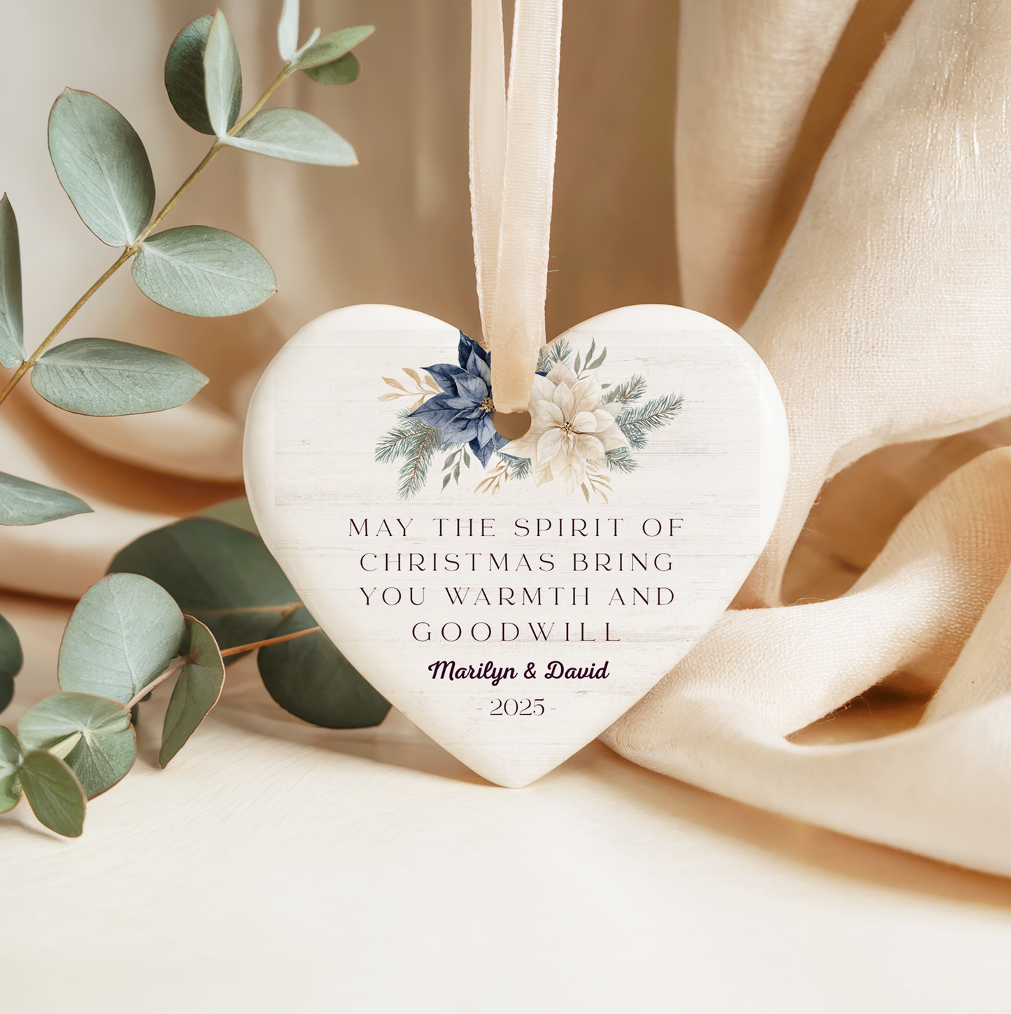 Personalized Heart-Shaped Christmas Ornament - May the Spirit of Christmas Bring You Warmth and Goodwill - Perfect Holiday Keepsake for Couples - 2025 Edition