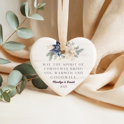 Personalized Heart-Shaped Christmas Ornament - May the Spirit of Christmas Bring You Warmth and Goodwill - Perfect Holiday Keepsake for Couples - 2025 Edition