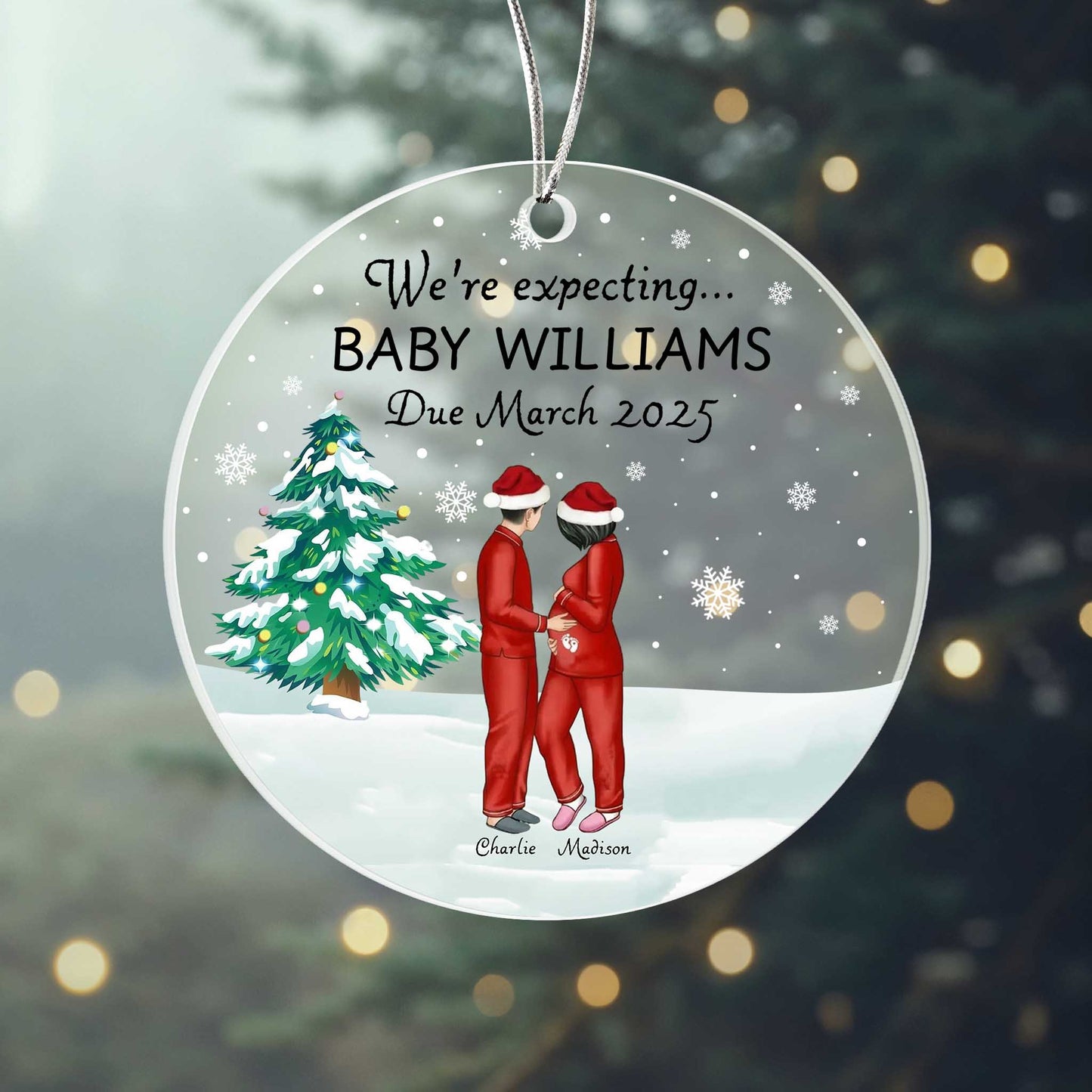 Personalized Acrylic Christmas Ornament - "We're Expecting" Baby Announcement - Due May 2025