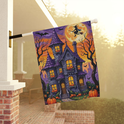 Halloween Garden Flag – Haunted House with Pumpkins, Witch & Full Moon – Spooky Outdoor Yard Decoration