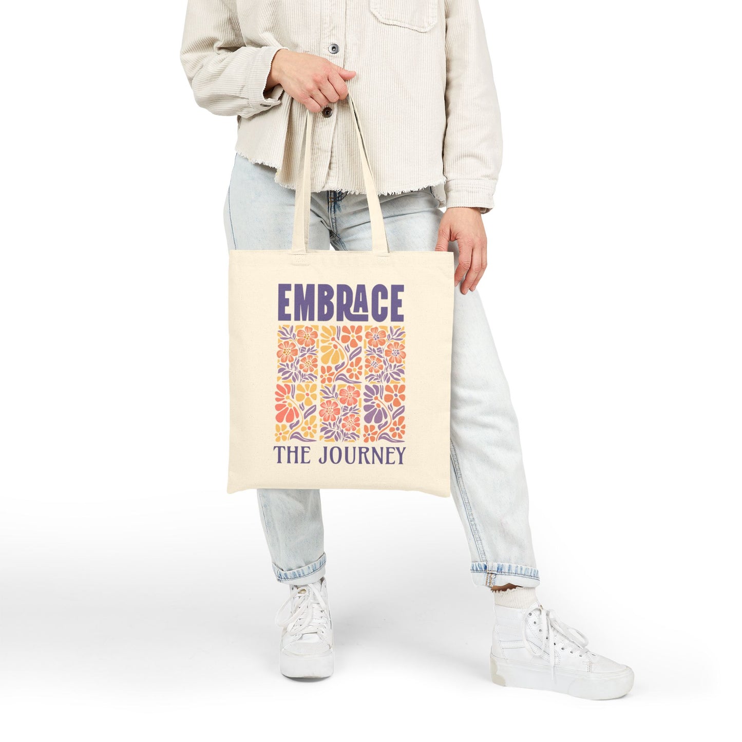Embrace the Journey – Inspirational Cotton Canvas Tote Bag with Floral Art