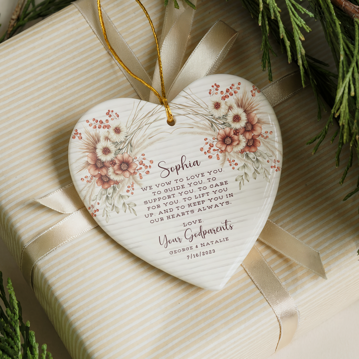 Personalized Godparent Ornament – Heart Keepsake with Child’s Name & Date – Baptism or Christening Gift