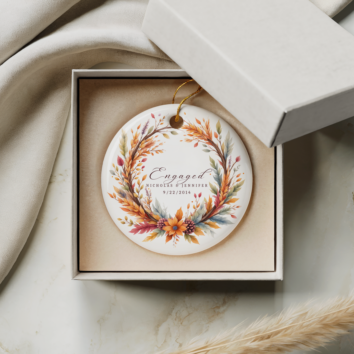 Personalized Engagement Ornament – Custom Names & Date – Wedding Bells Wreath Christmas Keepsake