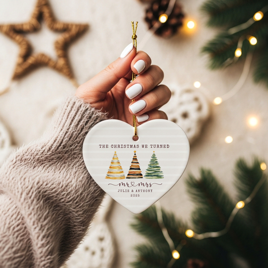 Personalized First Christmas Married Ornament – Custom Heart Ornament with Names & Year – Mr & Mrs Newlywed Christmas Keepsake