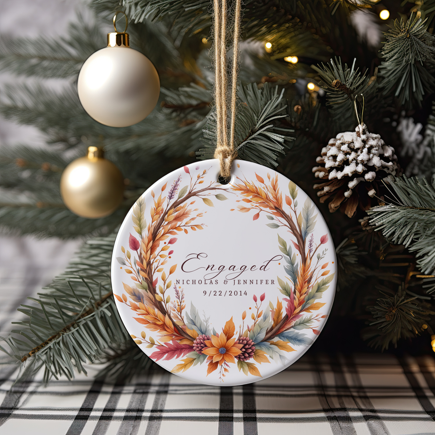 Personalized Engagement Ornament – Custom Names & Date – Wedding Bells Wreath Christmas Keepsake