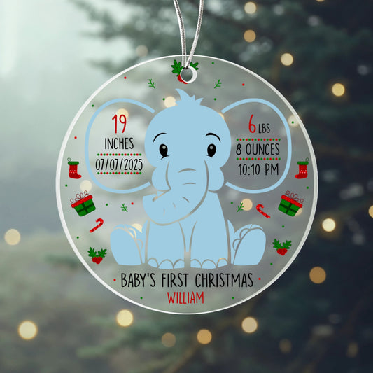 Baby’s First Christmas Ornament 2025 – Personalized Acrylic Ornament with Birth Stats & Name – Blue Elephant Newborn