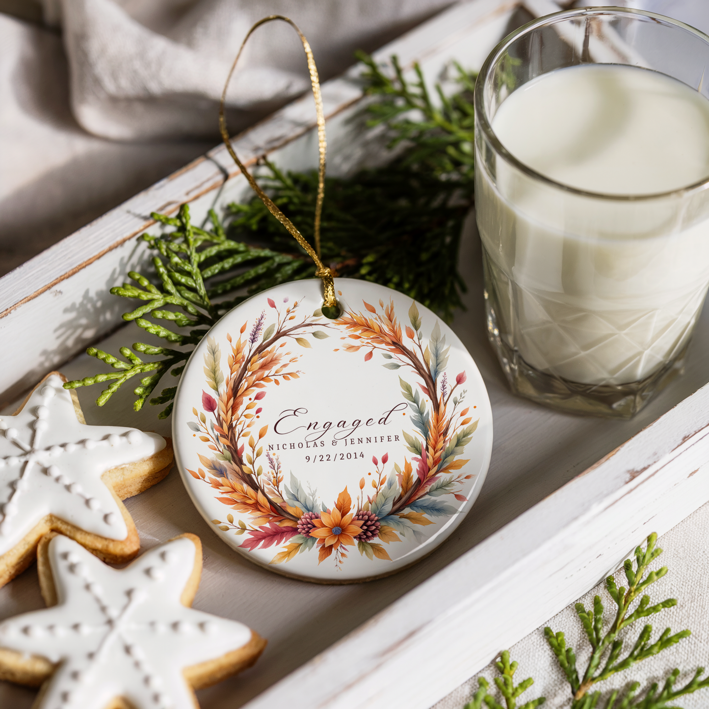 Personalized Engagement Ornament – Custom Names & Date – Wedding Bells Wreath Christmas Keepsake