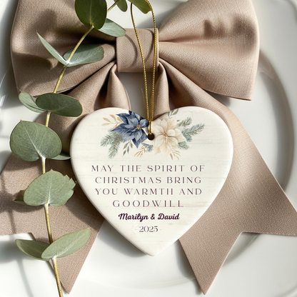 Personalized Heart-Shaped Christmas Ornament - May the Spirit of Christmas Bring You Warmth and Goodwill - Perfect Holiday Keepsake for Couples - 2025 Edition