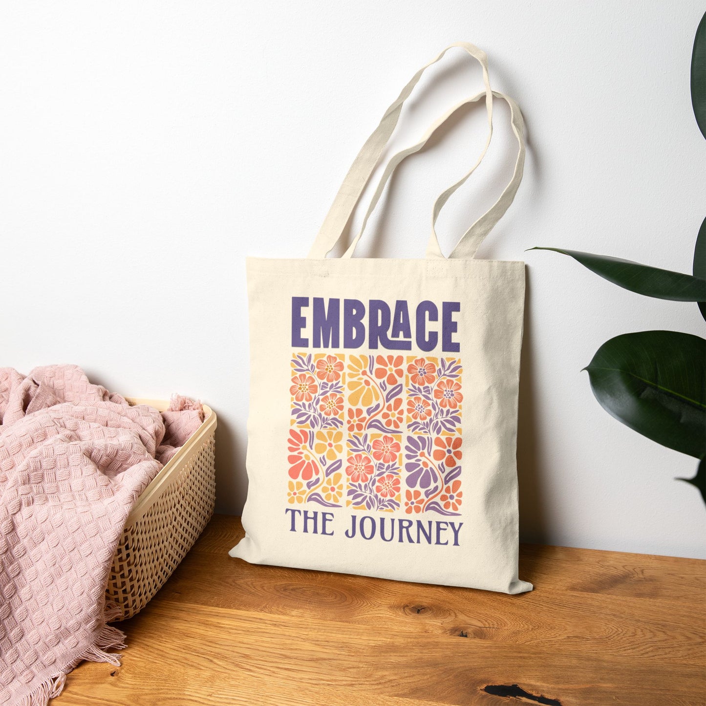 Embrace the Journey – Inspirational Cotton Canvas Tote Bag with Floral Art