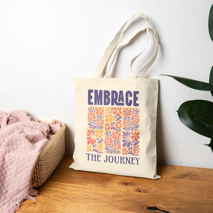 Embrace the Journey – Inspirational Cotton Canvas Tote Bag with Floral Art