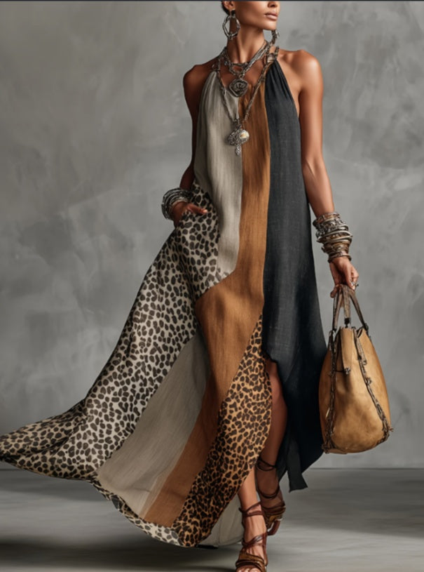 Leopard Color Block Halter Maxi Dress | Boho Slit Patchwork Dress | Summer Statement Maxi | S–3XL