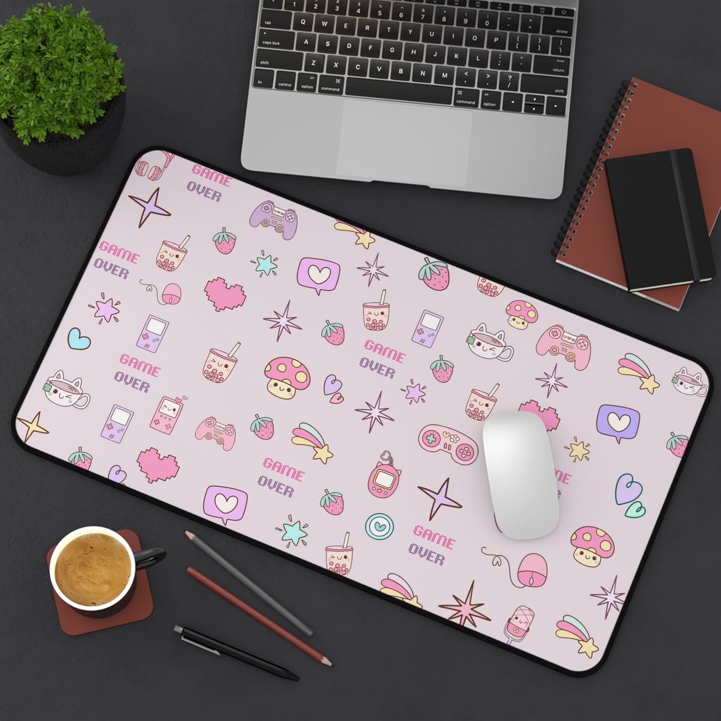 Kawaii Gamer Desk Mat – Cute Gaming Mouse Pad for Girls | "Game Over" Pastel Desk Accessory