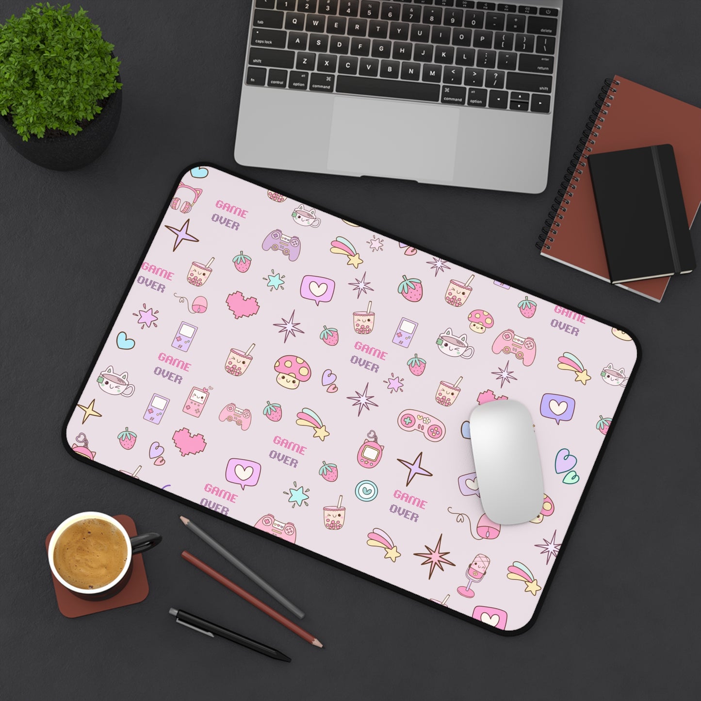 Kawaii Gamer Desk Mat – Cute Gaming Mouse Pad for Girls | "Game Over" Pastel Desk Accessory