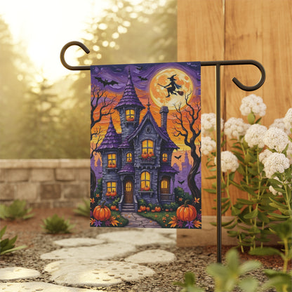 Halloween Garden Flag – Haunted House with Pumpkins, Witch & Full Moon – Spooky Outdoor Yard Decoration