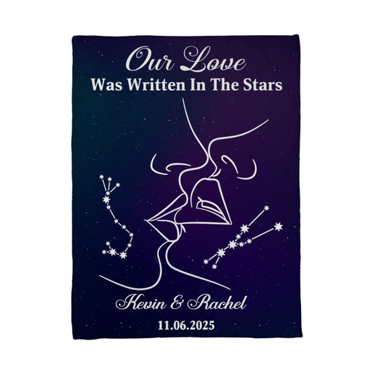 Personalized Valentine Star Blanket – Our Love Was Written in the Stars Coral Fleece Blanket, Custom Names & Date