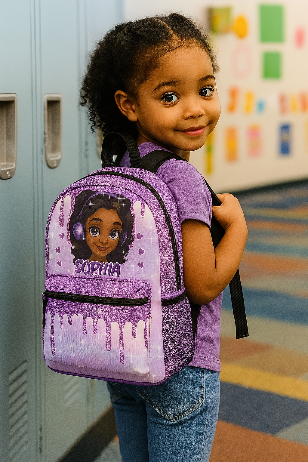 Custom Girl Backpack – Choose Character & Add Name | Glitter Drip Design